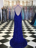 Royal Blue Sheath V-Neck Sleeveless Long Sweep Train Velvet Sequin Prom Dress (AF1077)