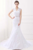 Alfa Bridal White Mermaid Lace V-Neck Cap Sleeves Wedding Dresses With Belt (AW006)
