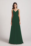 Alfa Bridal Dark Green Pleated A-Line Spaghetti Straps V-Neck Chiffon Bridesmaid Dresses (AF0010)