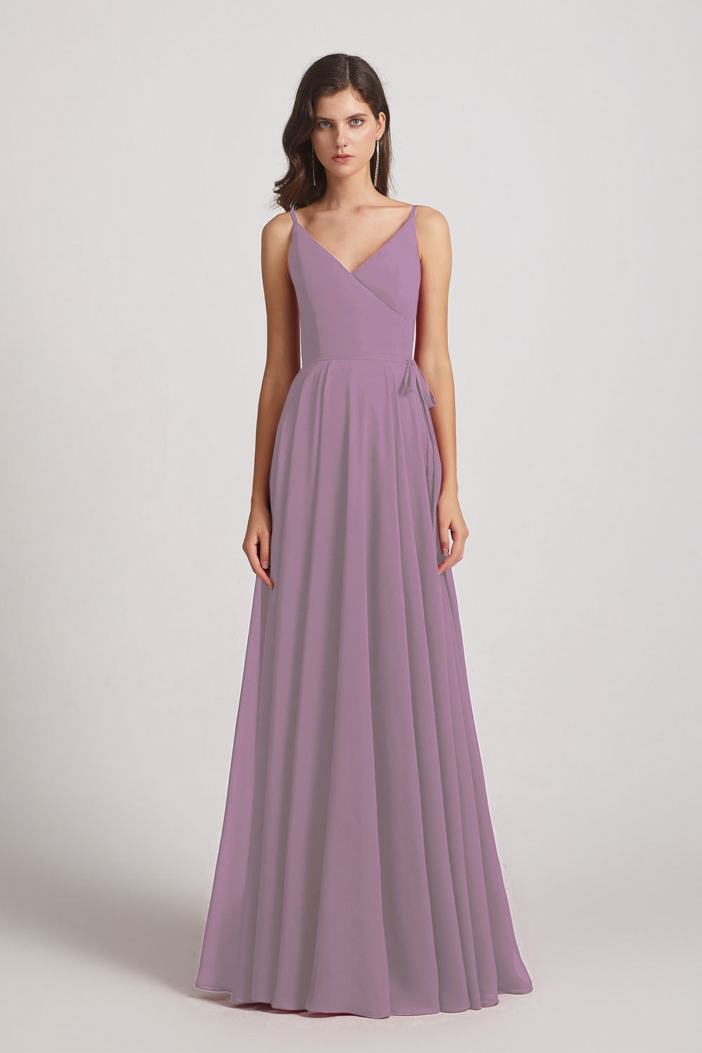 Alfa Bridal Dark Lavender Pleated A-Line Spaghetti Straps V-Neck Chiffon Bridesmaid Dresses (AF0010)
