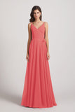 Alfa Bridal Desert Rose Pleated A-Line Spaghetti Straps V-Neck Chiffon Bridesmaid Dresses (AF0010)