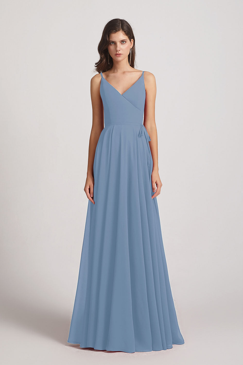Alfa Bridal Dusty Blue Pleated A-Line Spaghetti Straps V-Neck Chiffon Bridesmaid Dresses (AF0010)