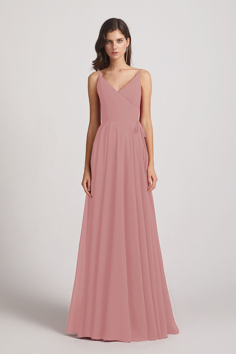 Alfa Bridal Dusty Pink Pleated A-Line Spaghetti Straps V-Neck Chiffon Bridesmaid Dresses (AF0010)