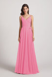 Alfa Bridal Hot Pink Pleated A-Line Spaghetti Straps V-Neck Chiffon Bridesmaid Dresses (AF0010)