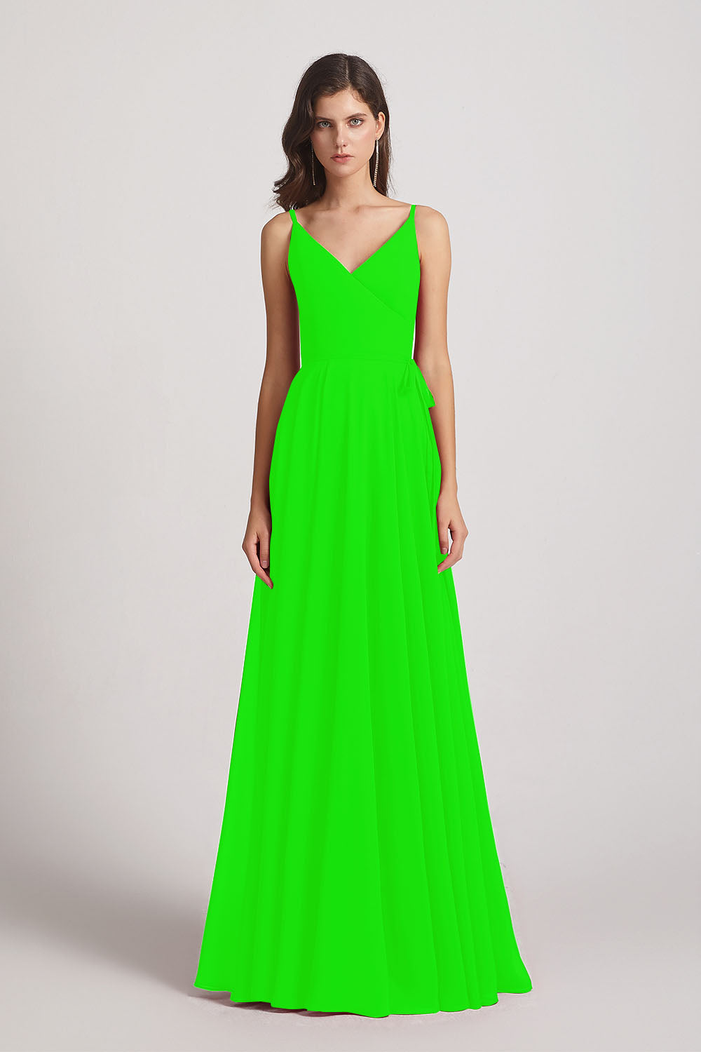 Alfa Bridal Lime Green Pleated A-Line Spaghetti Straps V-Neck Chiffon Bridesmaid Dresses (AF0010)