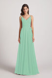 Alfa Bridal Mint Green Pleated A-Line Spaghetti Straps V-Neck Chiffon Bridesmaid Dresses (AF0010)