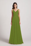 Alfa Bridal Olive Green Pleated A-Line Spaghetti Straps V-Neck Chiffon Bridesmaid Dresses (AF0010)