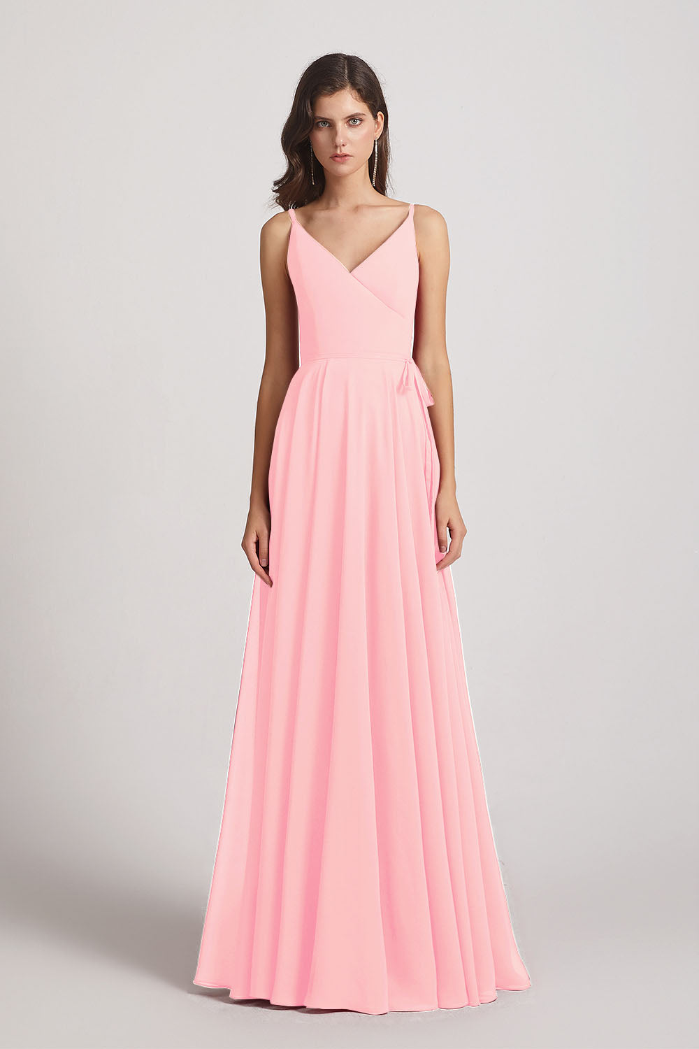 Alfa Bridal Pink Pleated A-Line Spaghetti Straps V-Neck Chiffon Bridesmaid Dresses (AF0010)
