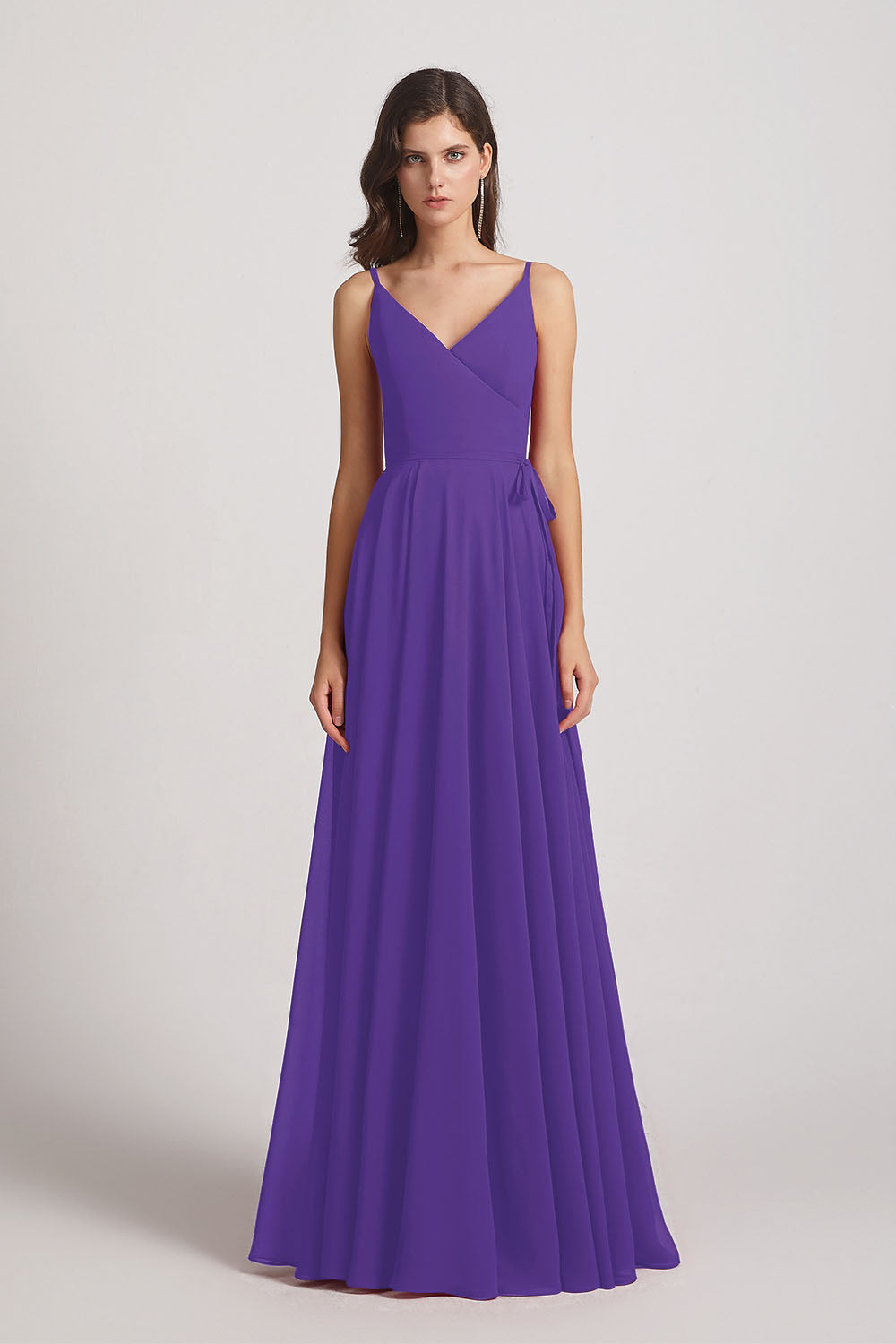 Alfa Bridal Purple Pleated A-Line Spaghetti Straps V-Neck Chiffon Bridesmaid Dresses (AF0010)