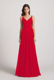 Alfa Bridal Red Pleated A-Line Spaghetti Straps V-Neck Chiffon Bridesmaid Dresses (AF0010)