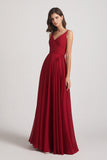 Alfa Bridal Dark Red Pleated A-Line Spaghetti Straps V-Neck Chiffon Bridesmaid Dresses (AF0010)