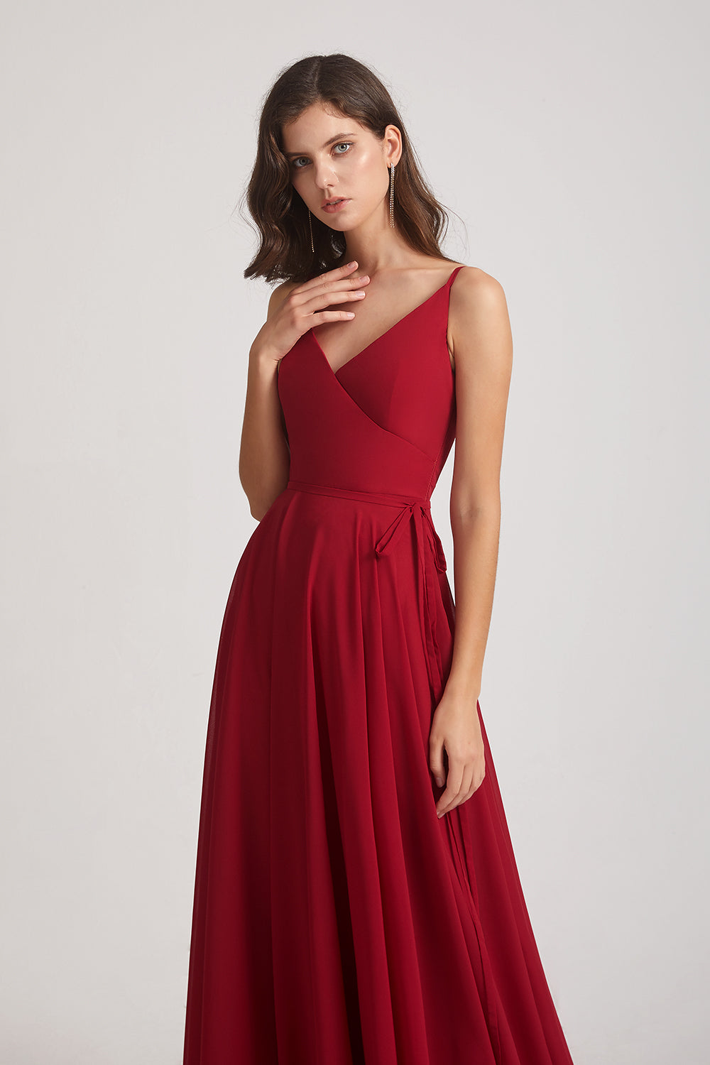 Alfa Bridal Dark Red Pleated A-Line Spaghetti Straps V-Neck Chiffon Bridesmaid Dresses (AF0010)