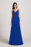 Alfa Bridal Royal Blue Pleated A-Line Spaghetti Straps V-Neck Chiffon Bridesmaid Dresses (AF0010)