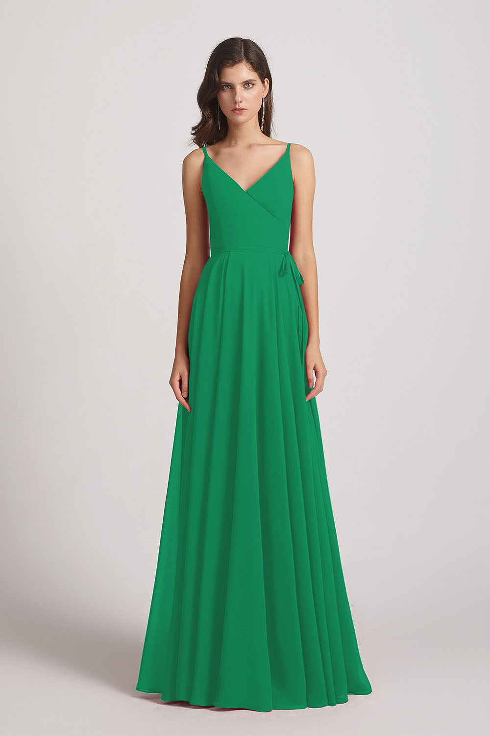 Alfa Bridal Shamrock Green Pleated A-Line Spaghetti Straps V-Neck Chiffon Bridesmaid Dresses (AF0010)