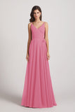 Alfa Bridal Skin Pink Pleated A-Line Spaghetti Straps V-Neck Chiffon Bridesmaid Dresses (AF0010)