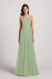 Alfa Bridal Smoke Green Pleated A-Line Spaghetti Straps V-Neck Chiffon Bridesmaid Dresses (AF0010)