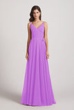 Alfa Bridal Violet Pleated A-Line Spaghetti Straps V-Neck Chiffon Bridesmaid Dresses (AF0010)