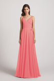 Alfa Bridal Watermelon Pleated A-Line Spaghetti Straps V-Neck Chiffon Bridesmaid Dresses (AF0010)