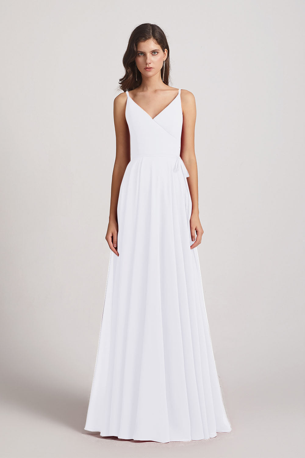 Alfa Bridal White Pleated A-Line Spaghetti Straps V-Neck Chiffon Bridesmaid Dresses (AF0010)