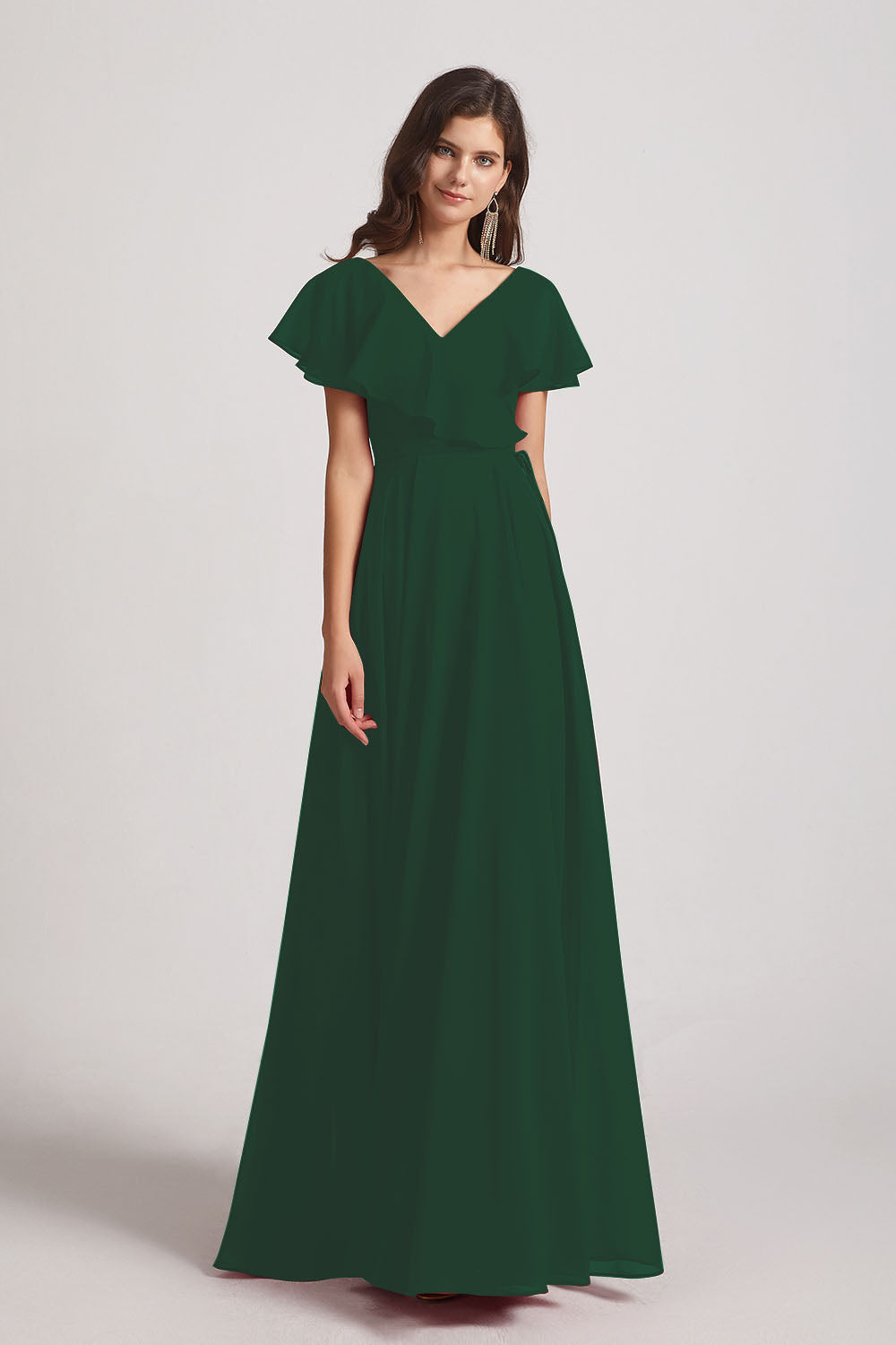 Alfa Bridal Dark Green Ruffle Neckline Pleated Chiffon A-Line Bridesmaid Dresses (AF0148)