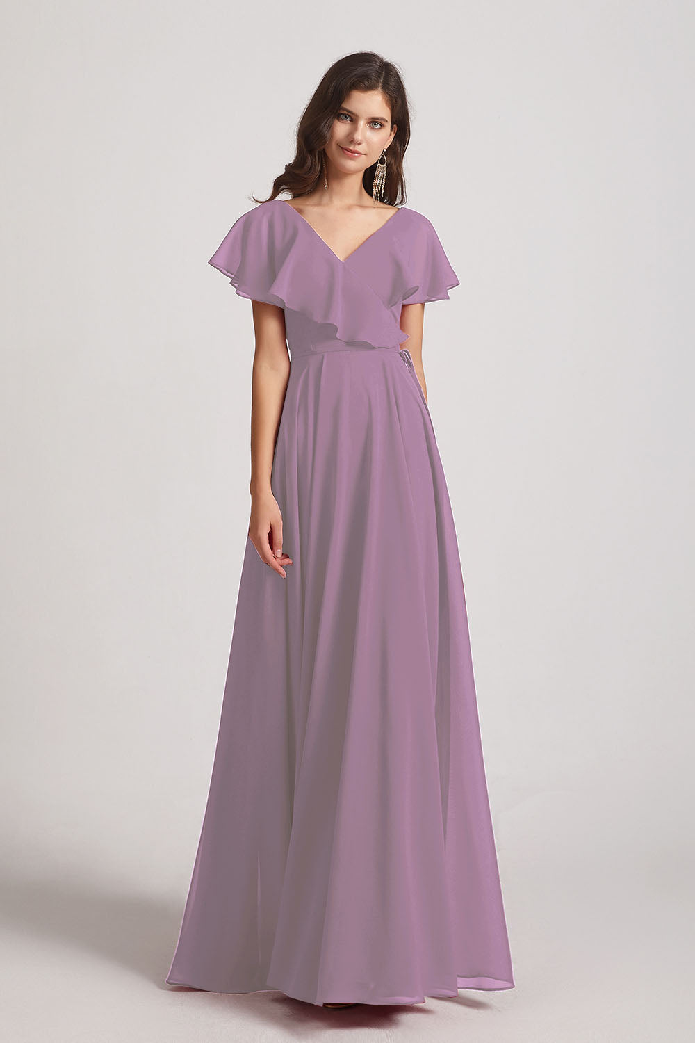 Alfa Bridal Dark Lavender Ruffle Neckline Pleated Chiffon A-Line Bridesmaid Dresses (AF0148)