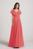 Alfa Bridal Desert Rose Ruffle Neckline Pleated Chiffon A-Line Bridesmaid Dresses (AF0148)