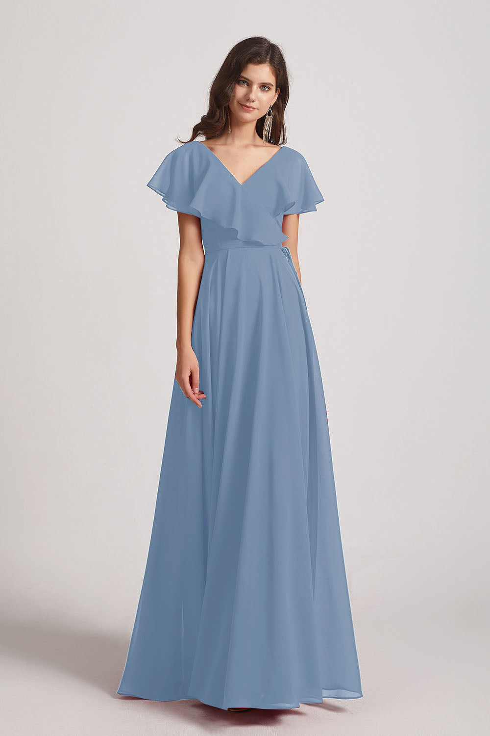 Alfa Bridal Dusty Blue Ruffle Neckline Pleated Chiffon A-Line Bridesmaid Dresses (AF0148)