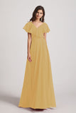 Alfa Bridal Gold Ruffle Neckline Pleated Chiffon A-Line Bridesmaid Dresses (AF0148)