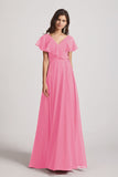 Alfa Bridal Hot Pink Ruffle Neckline Pleated Chiffon A-Line Bridesmaid Dresses (AF0148)