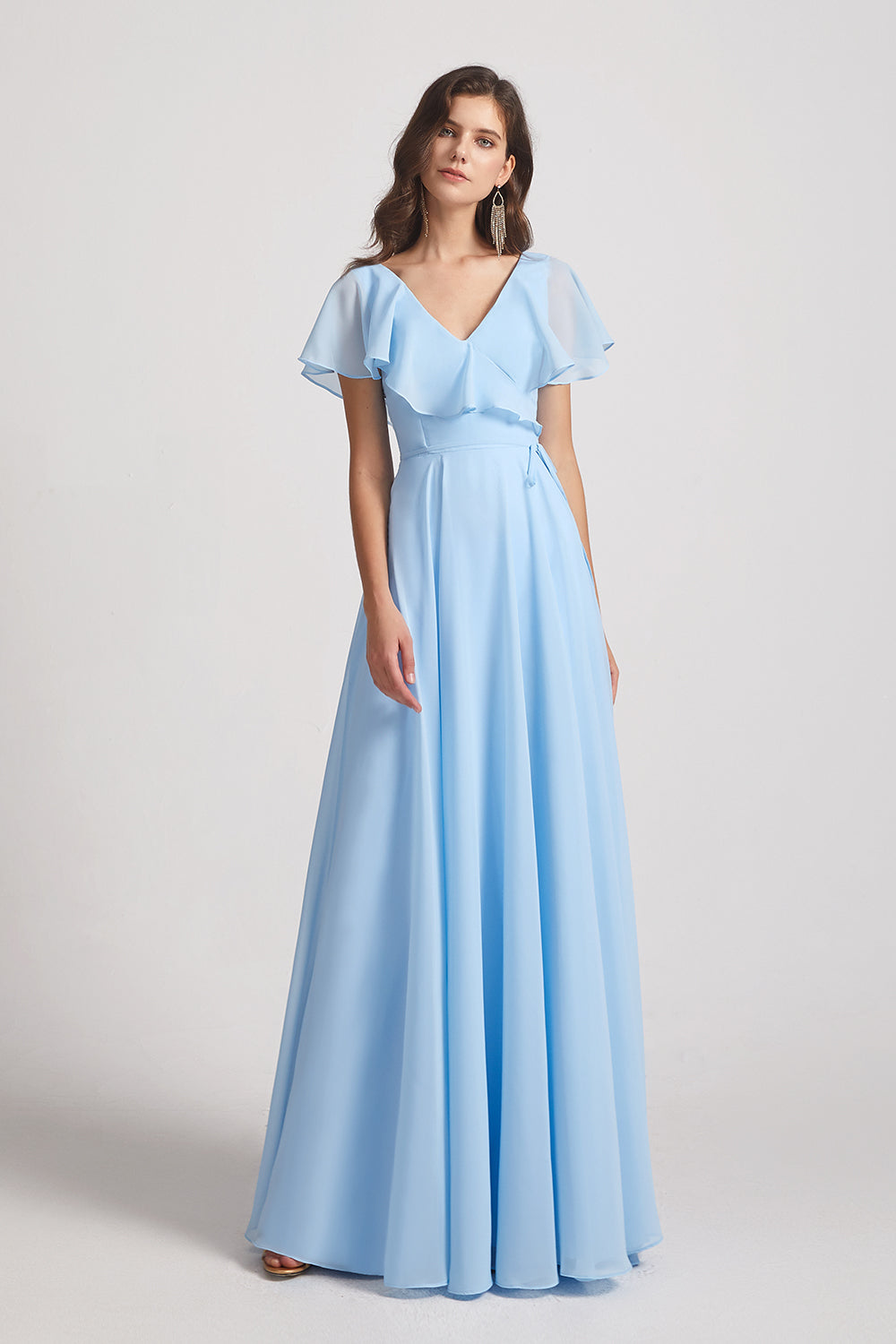 Alfa Bridal Light Sky Blue Ruffle Neckline Pleated Chiffon A-Line Bridesmaid Dresses (AF0148)