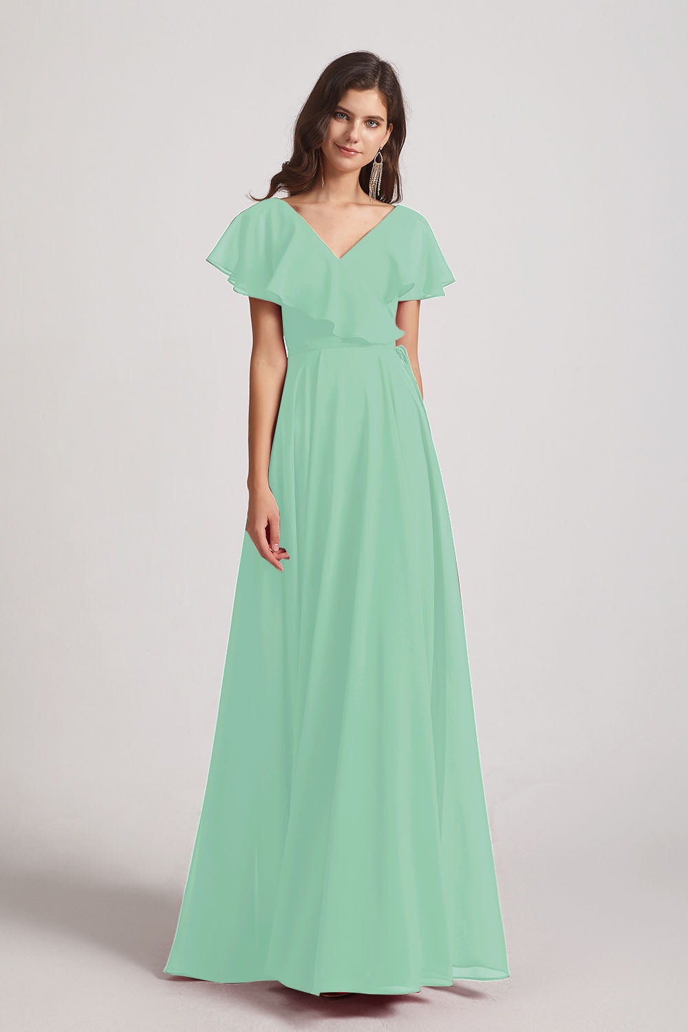 Alfa Bridal Mint Green Ruffle Neckline Pleated Chiffon A-Line Bridesmaid Dresses (AF0148)