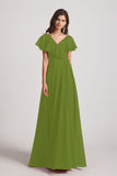 Alfa Bridal Olive Green Ruffle Neckline Pleated Chiffon A-Line Bridesmaid Dresses (AF0148)