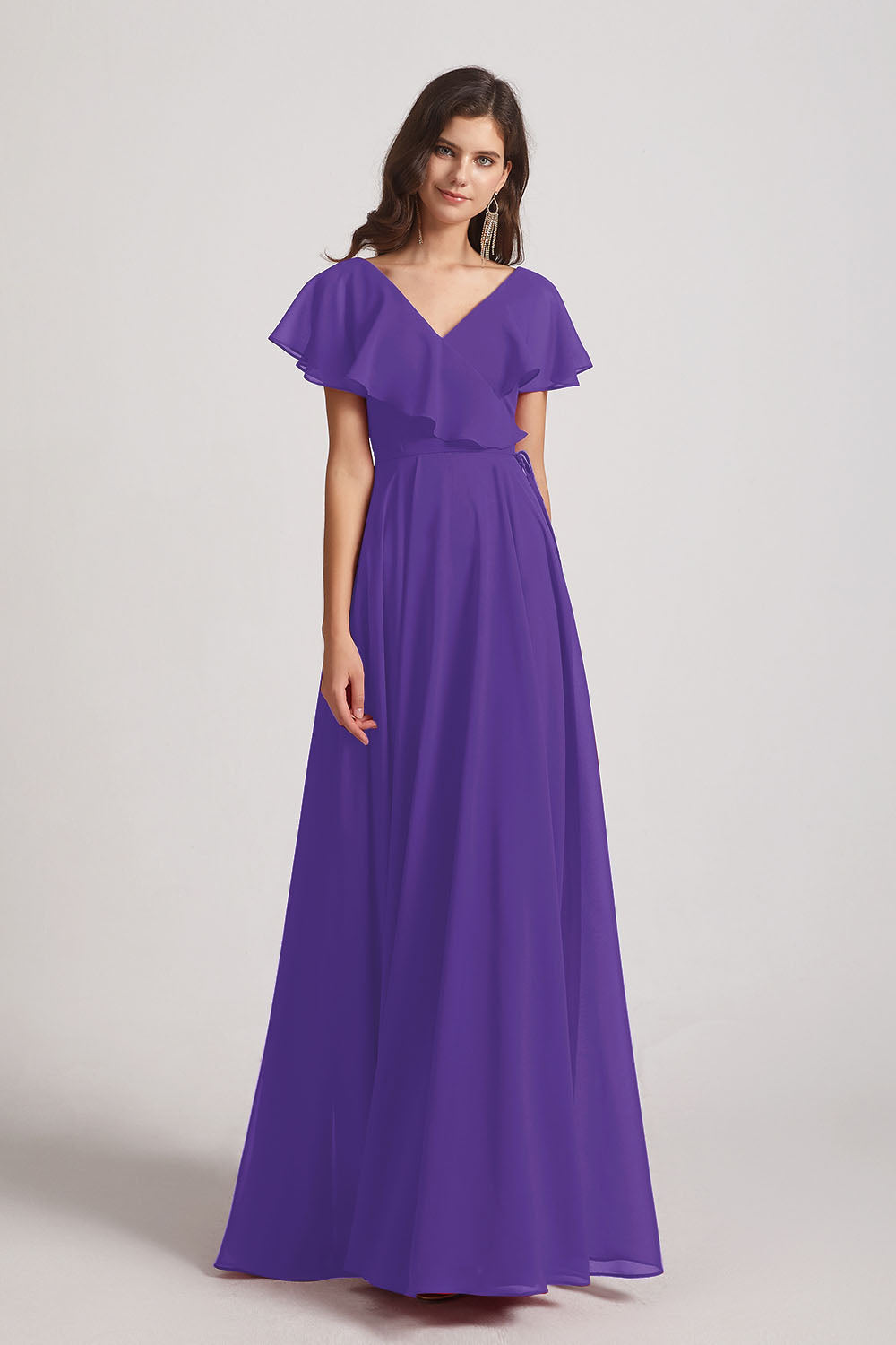 Alfa Bridal Purple Ruffle Neckline Pleated Chiffon A-Line Bridesmaid Dresses (AF0148)
