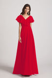 Alfa Bridal Red Ruffle Neckline Pleated Chiffon A-Line Bridesmaid Dresses (AF0148)