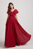 Alfa Bridal Dark Red Ruffle Neckline Pleated Chiffon A-Line Bridesmaid Dresses (AF0148)