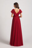 Alfa Bridal Dark Red Ruffle Neckline Pleated Chiffon A-Line Bridesmaid Dresses (AF0148)