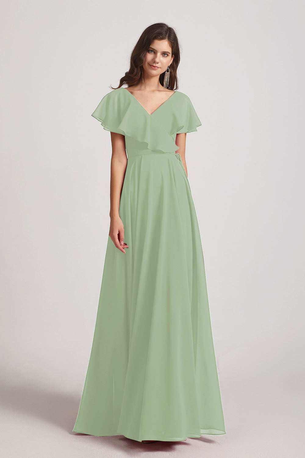 Alfa Bridal Smoke Green Ruffle Neckline Pleated Chiffon A-Line Bridesmaid Dresses (AF0148)