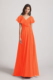 Alfa Bridal Tangerine Tango Ruffle Neckline Pleated Chiffon A-Line Bridesmaid Dresses (AF0148)
