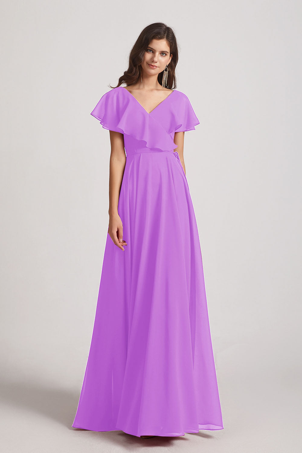 Alfa Bridal Violet Ruffle Neckline Pleated Chiffon A-Line Bridesmaid Dresses (AF0148)