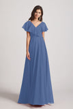 Alfa Bridal Windsor Blue Ruffle Neckline Pleated Chiffon A-Line Bridesmaid Dresses (AF0148)