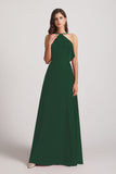 Alfa Bridal Dark Green Ruffled Neckline Halter A-Line Chiffon Bridesmaid Dresses (AF0022)