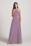 Alfa Bridal Dark Lavender Ruffled Neckline Halter A-Line Chiffon Bridesmaid Dresses (AF0022)