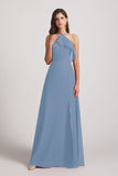 Alfa Bridal Dusty Blue Ruffled Neckline Halter A-Line Chiffon Bridesmaid Dresses (AF0022)