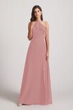 Alfa Bridal Dusty Pink Ruffled Neckline Halter A-Line Chiffon Bridesmaid Dresses (AF0022)