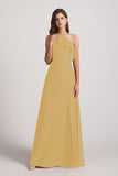Alfa Bridal Gold Ruffled Neckline Halter A-Line Chiffon Bridesmaid Dresses (AF0022)