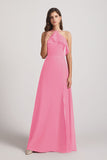 Alfa Bridal Hot Pink Ruffled Neckline Halter A-Line Chiffon Bridesmaid Dresses (AF0022)