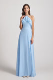 Alfa Bridal Light Sky Blue Ruffled Neckline Halter A-Line Chiffon Bridesmaid Dresses (AF0022)