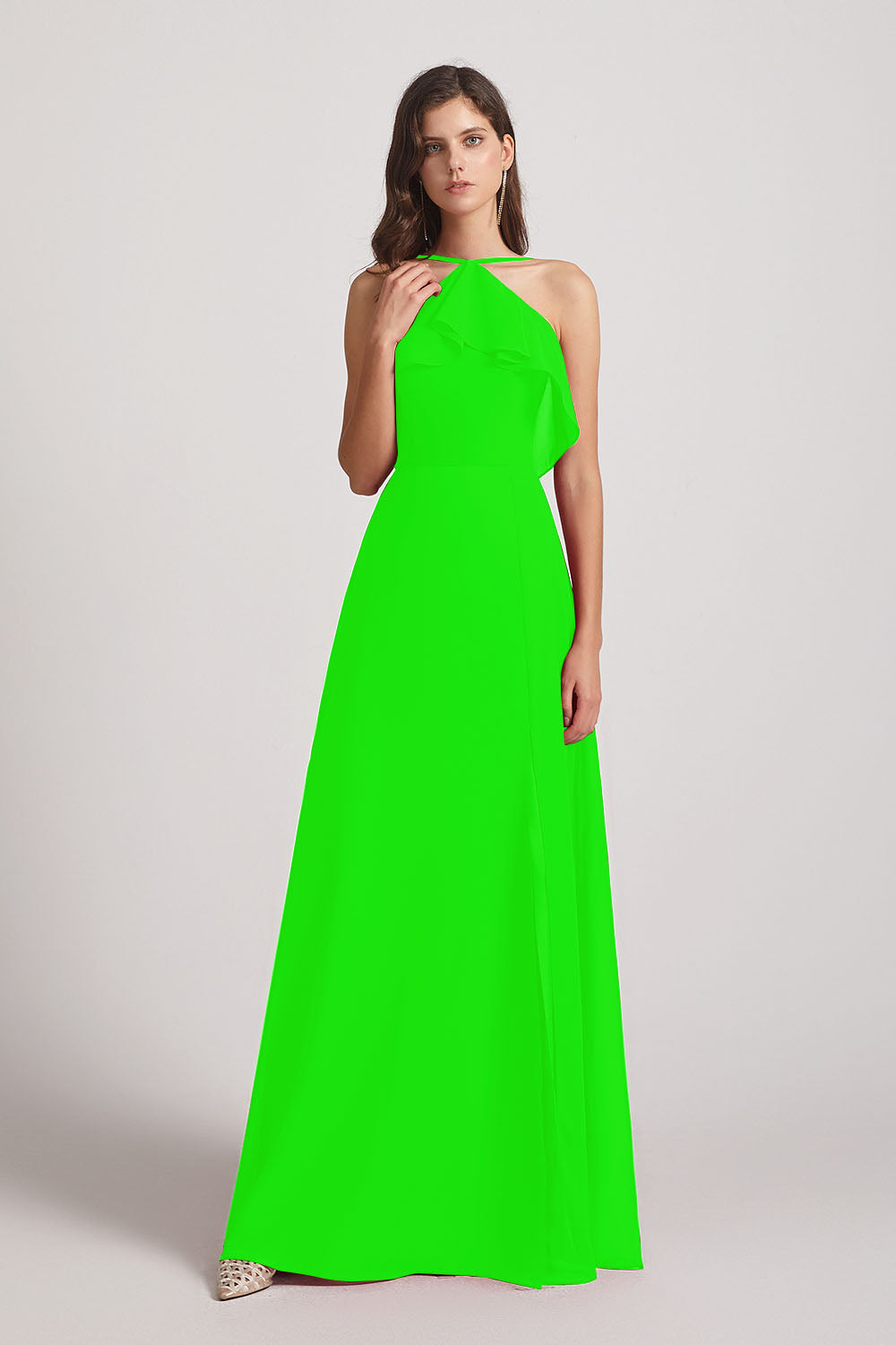Alfa Bridal Lime Green Ruffled Neckline Halter A-Line Chiffon Bridesmaid Dresses (AF0022)