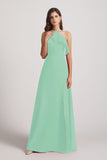 Alfa Bridal Mint Green Ruffled Neckline Halter A-Line Chiffon Bridesmaid Dresses (AF0022)