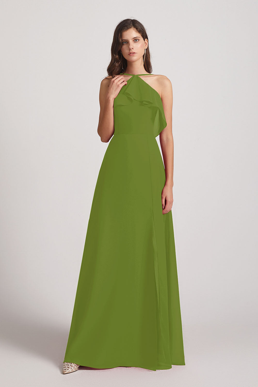 Alfa Bridal Olive Green Ruffled Neckline Halter A-Line Chiffon Bridesmaid Dresses (AF0022)
